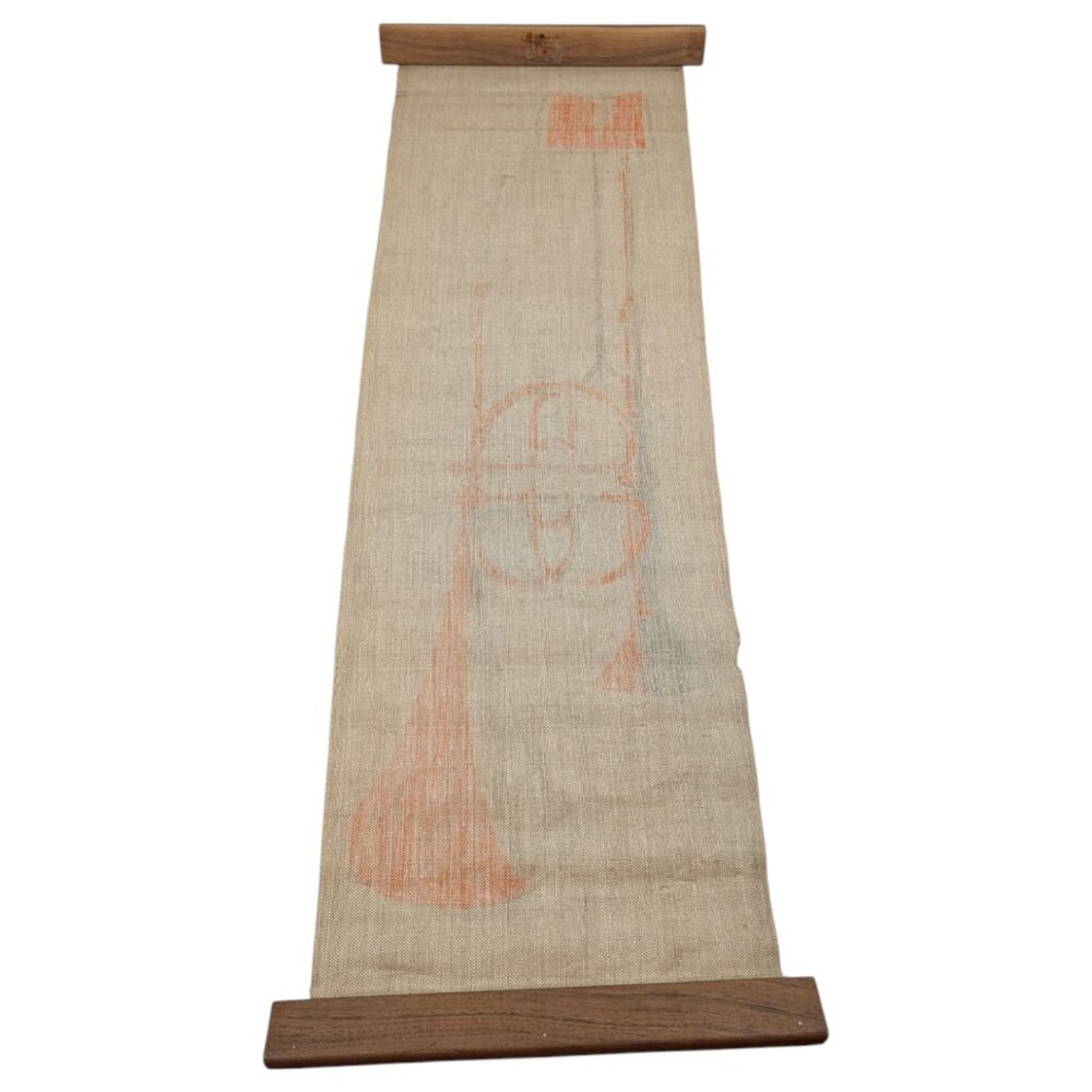 Mid Century Modern Silkscreen Scroll Tapestry Instrument On Linen MCM Horn *READ - Picture 7 of 15